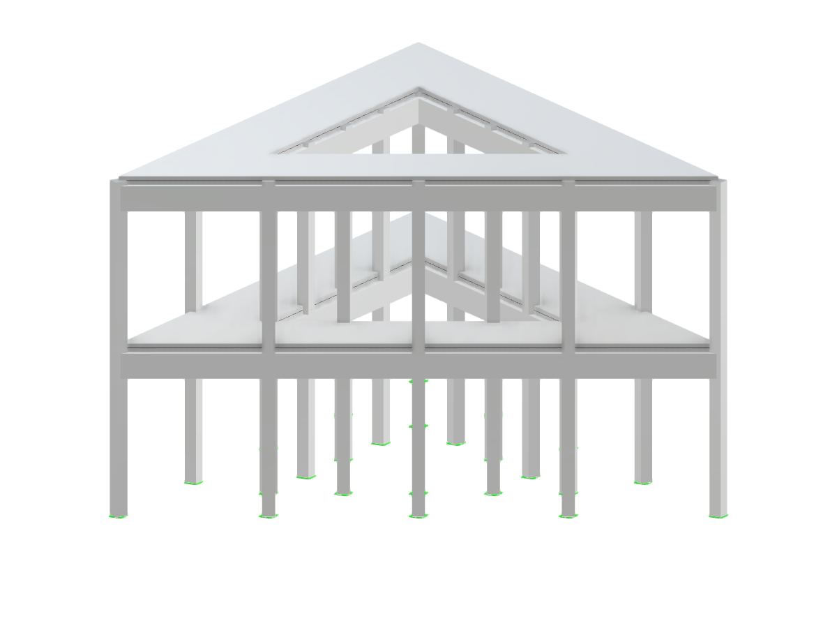 Un modelo de construcción poligonal que muestra una arquitectura variable con diversos lados, plantas y filas, utilizado para análisis estructurales.
