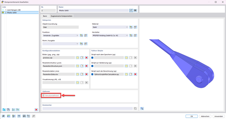 Cuadro de diálogo para la configuración de componentes con la opción "Personalizado" activada.