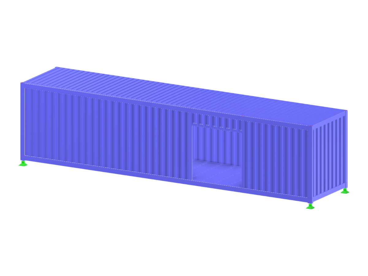 Modelo de contenedor con una apertura de puerta, modelado mediante superficies para un análisis estructural y dimensionamiento detallados.