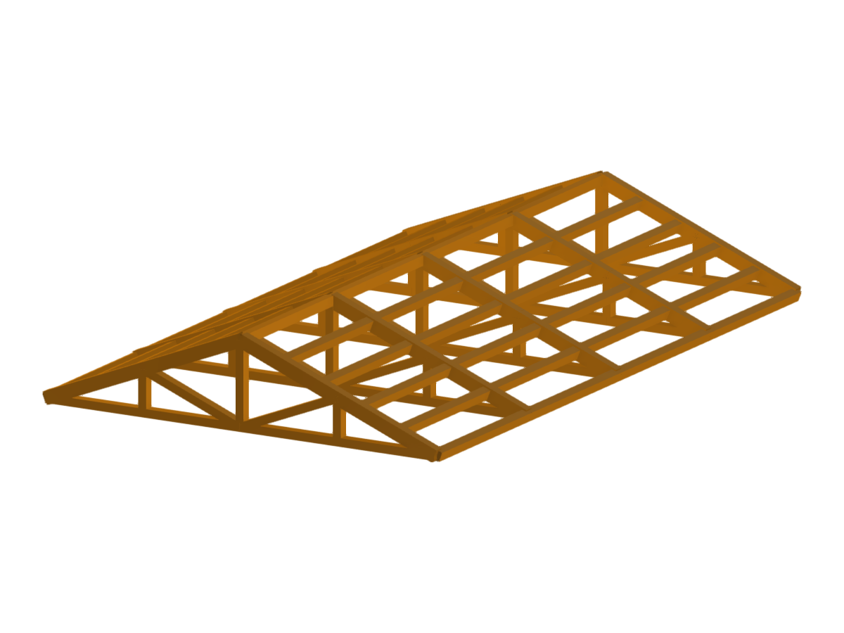 Vista detallada de una estructura de cubierta para un edificio prefabricado de madera, destacando juntas y conexiones técnicas.