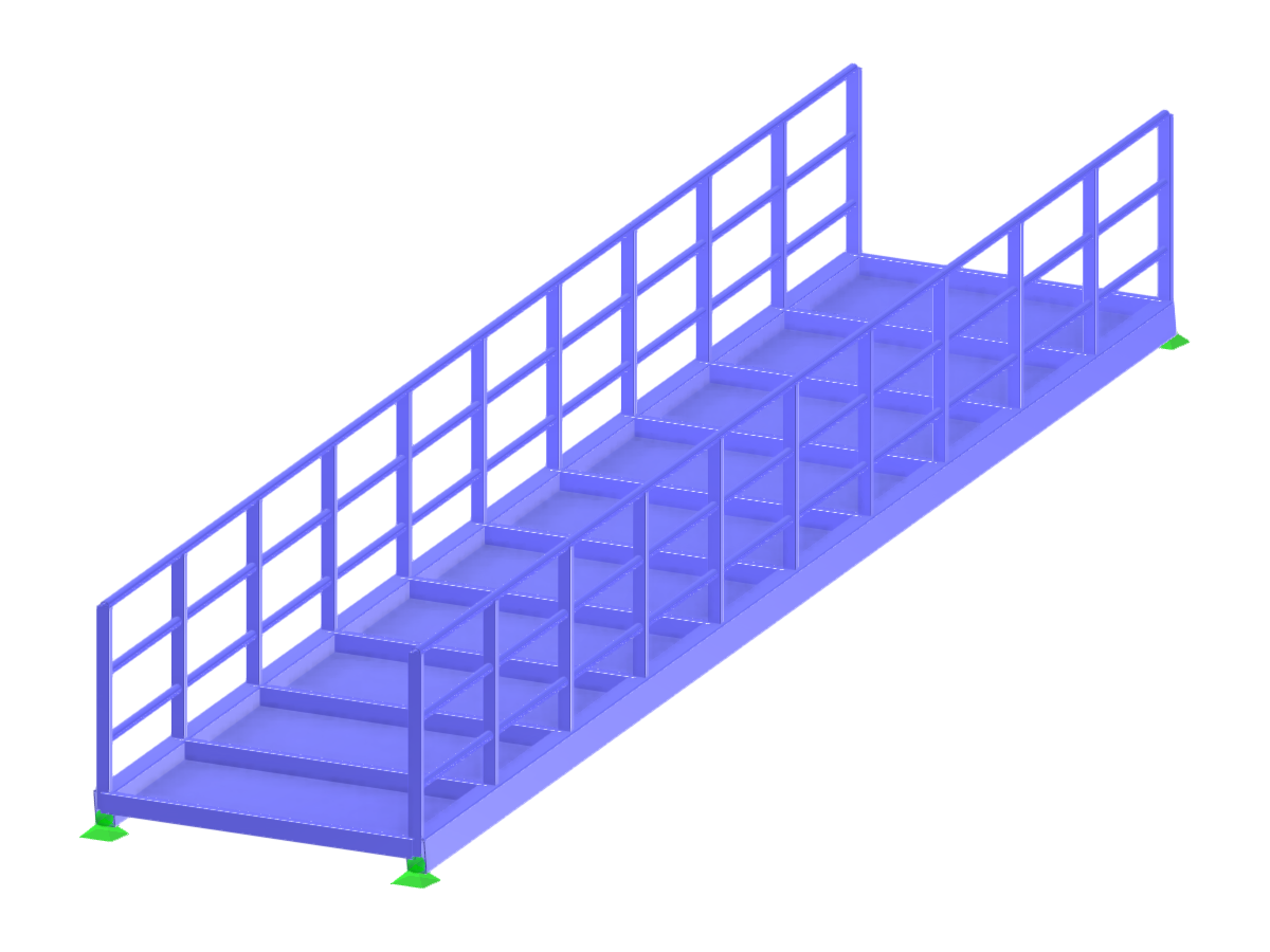 Estructura de rampa de acero que muestra elementos detallados de diseño estructural y conexiones.