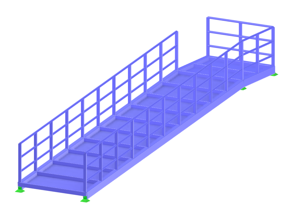 Modelo de análisis estructural de una rampa de acero con giro ascendente hacia la izquierda, mostrando su detallada armazón.