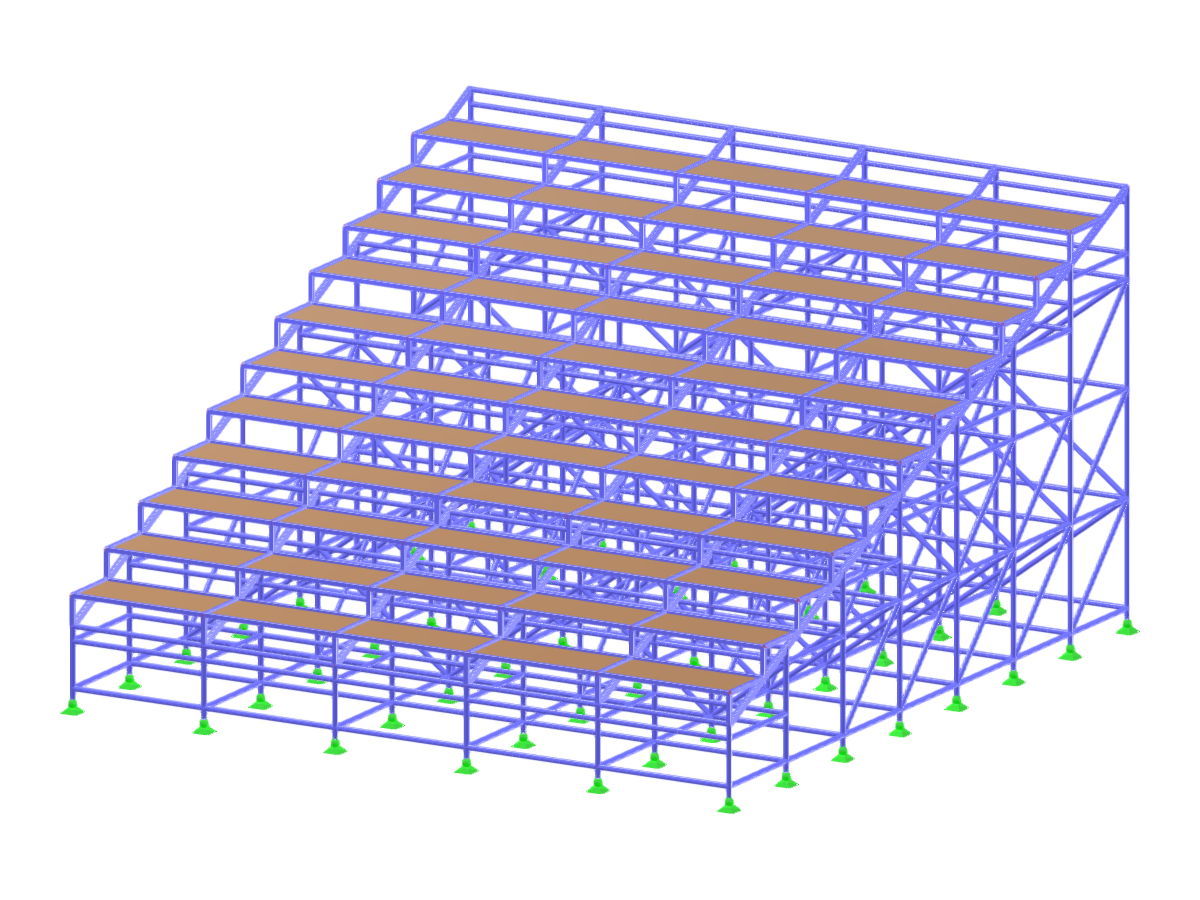 Imagen de una estructura de grada temporal que muestra su armazón y cálculos de diseño.
