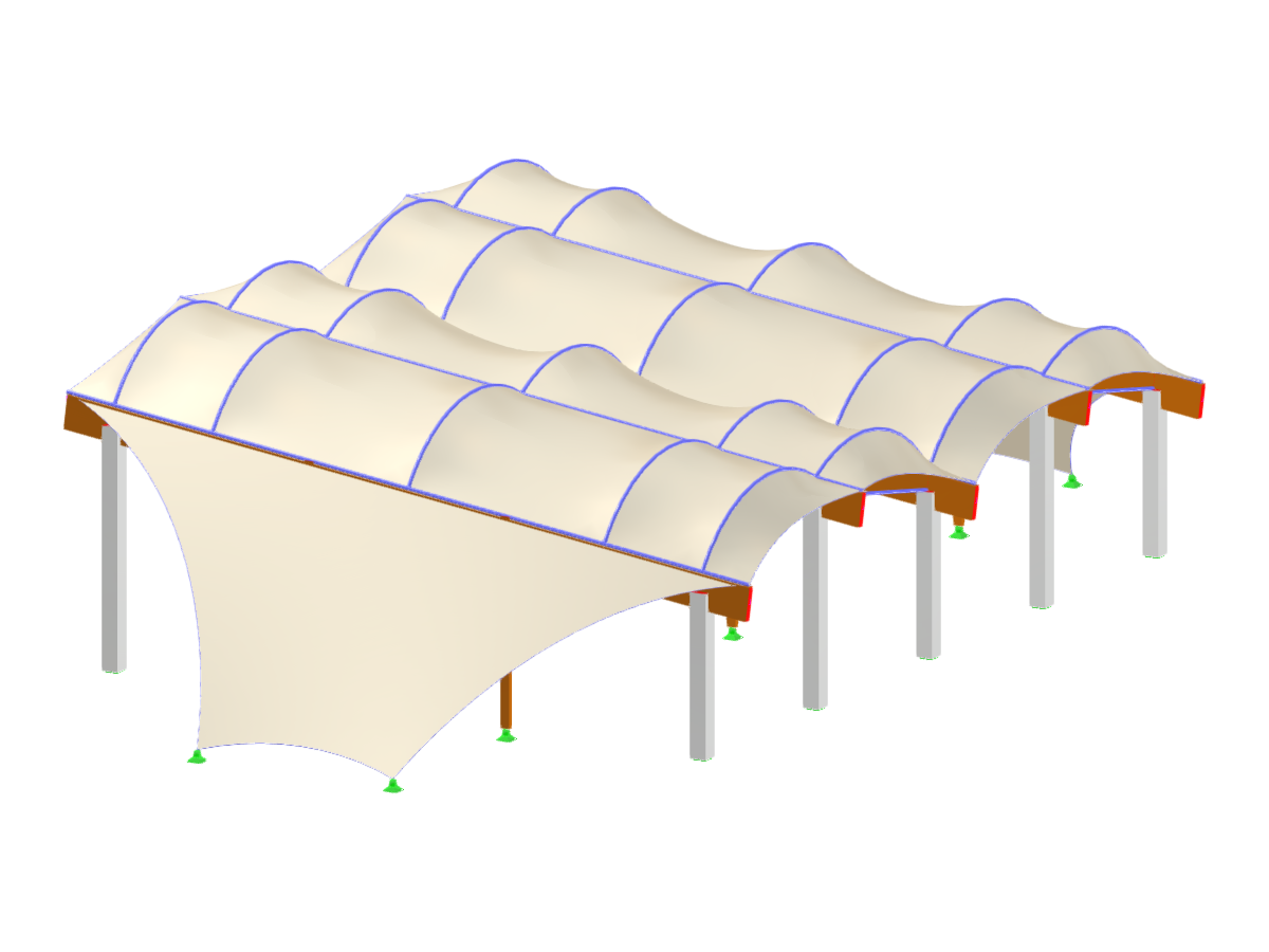 Vista detallada de la estructura de la sala de membrana tensada que muestra los aspectos de análisis y diseño estructural.
