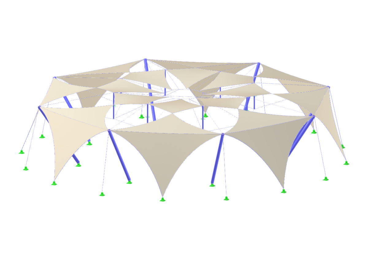 Estructura compleja de membrana tensada para pabellón, con elementos de tensión y flexibles que forman un sistema tipo marquesina.
