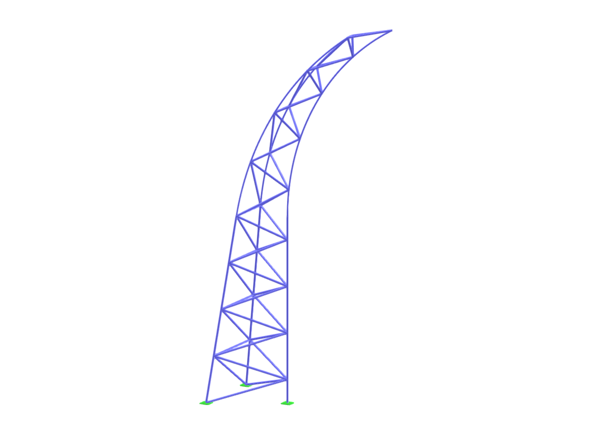 Columna de celosía de acero triangular con un segmento superior curvo que muestra su diseño estructural y funcionalidad.