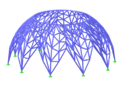 Estructura de cáscara semiesférica formada por miembros curvos que muestra geometría compleja y elementos de diseño utilizando software de ingeniería avanzado.