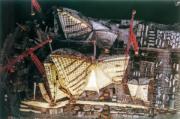 Sydney Opera House durante la construcción en 1965, vista del sitio de construcción.
