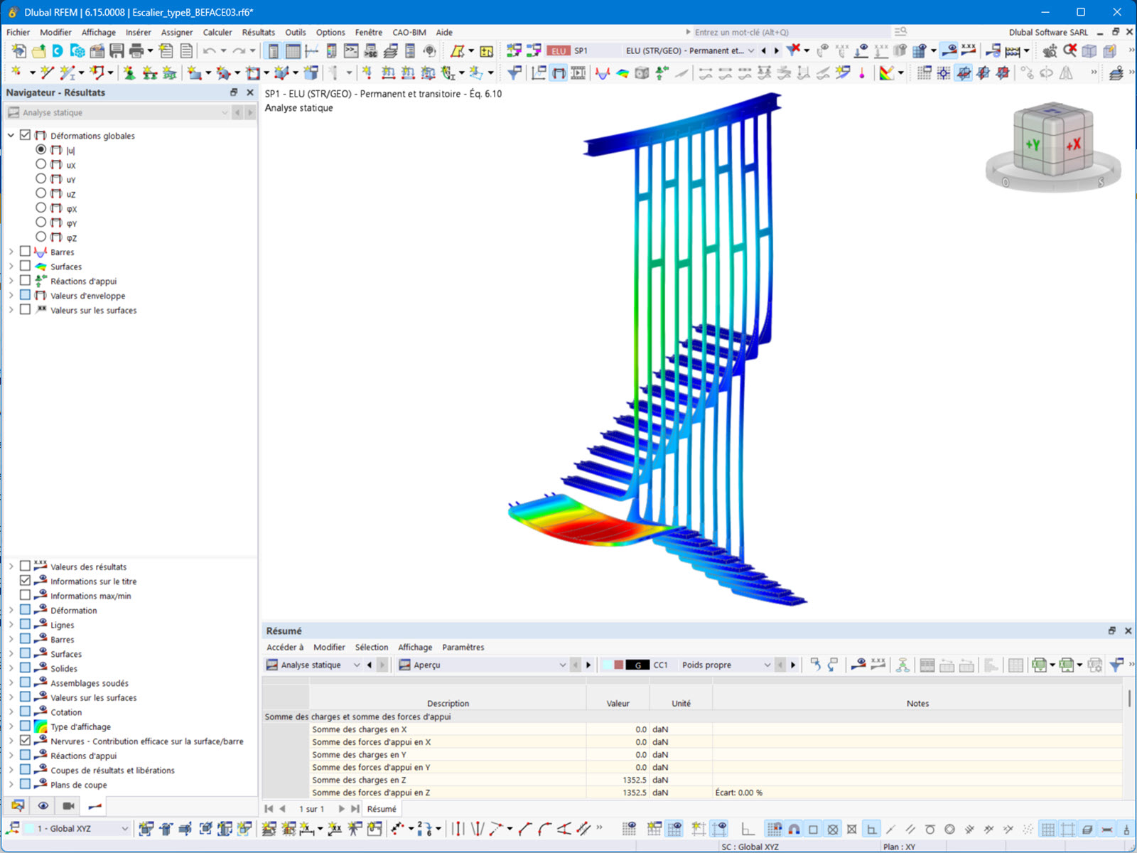 Modelo de las escaleras B en RFEM con caso de carga y deformaciones