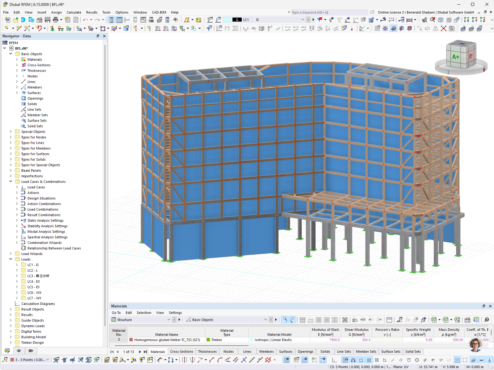 Edificio de siete plantas en construcción híbrida con estructura de madera y acero, modelado en el software RFEM con definición del material madera contralaminada
