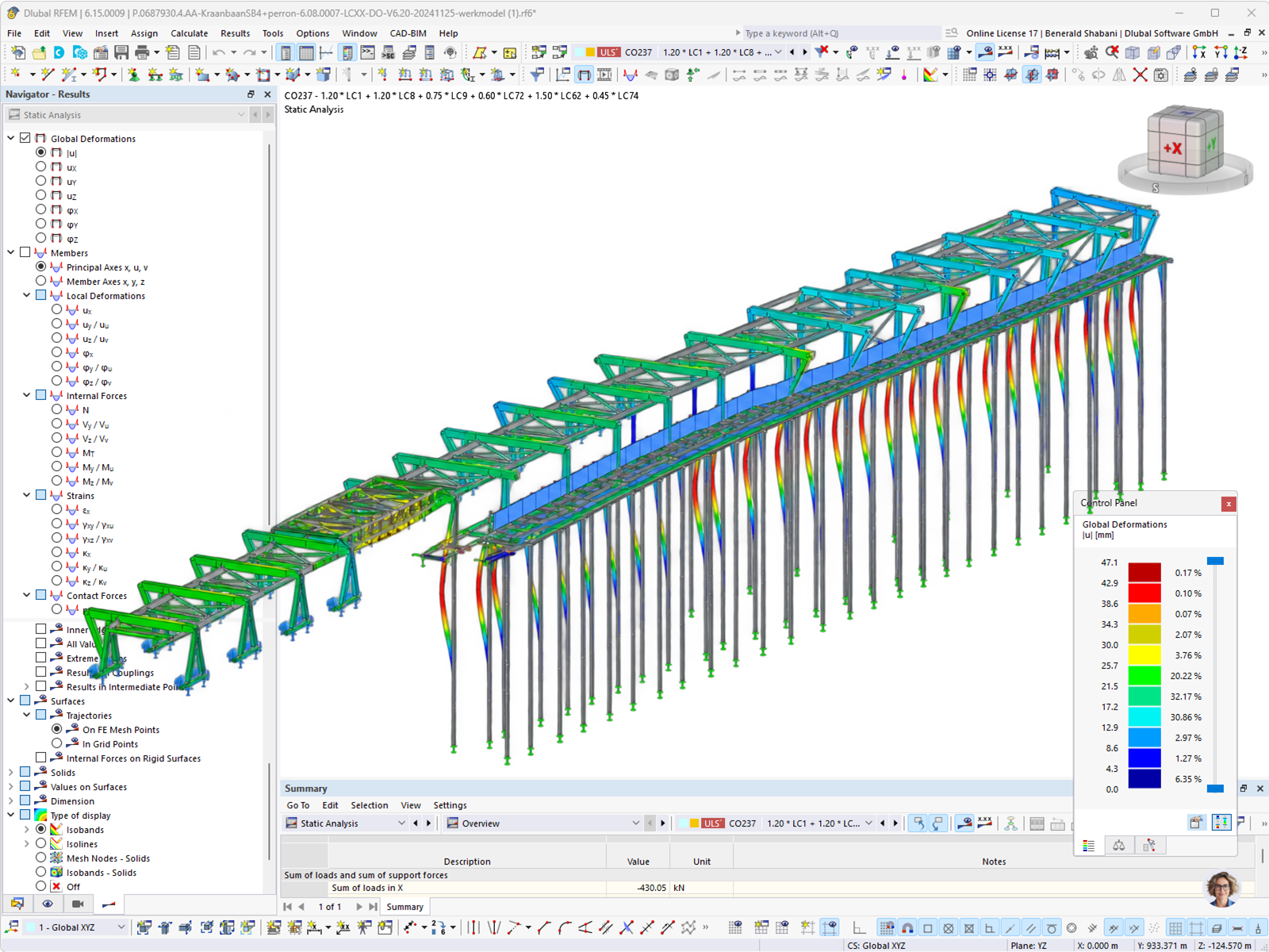 Modelo de RFEM de la vía de grúa de acero con deformaciones globales representadas en colores