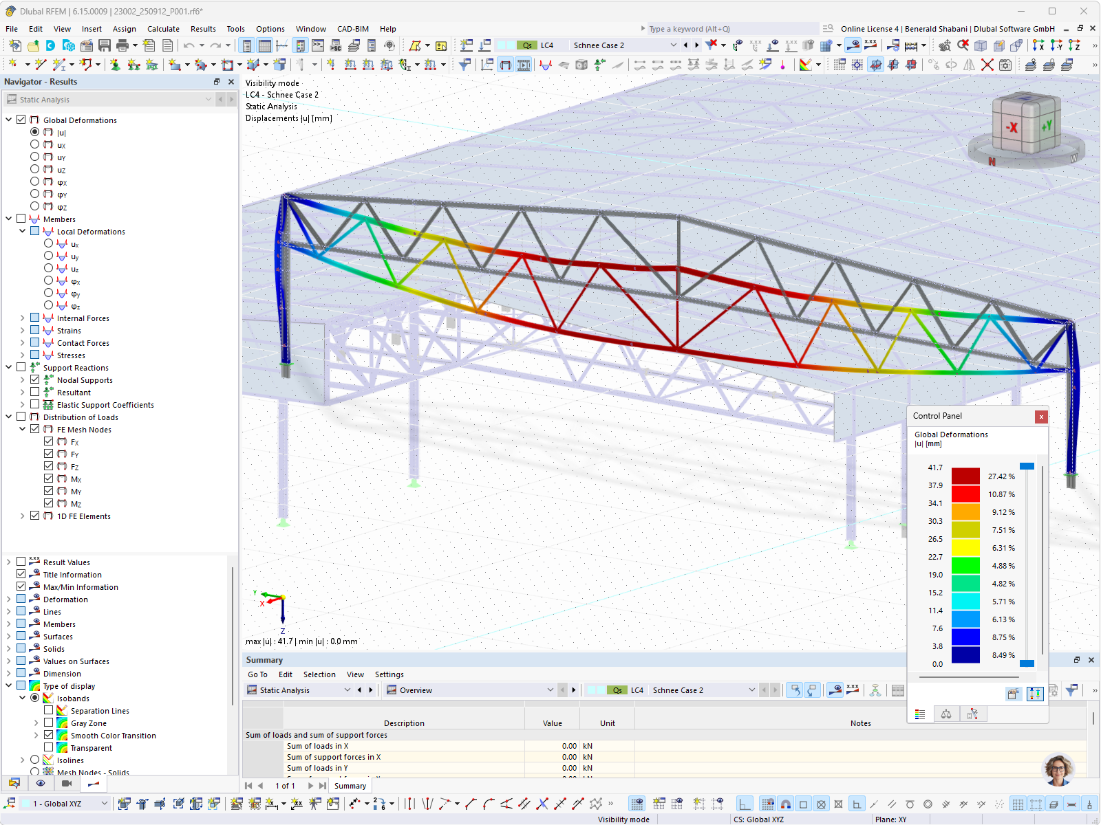 Deformación de la viga de celosía bajo cargas de nieve en RFEM