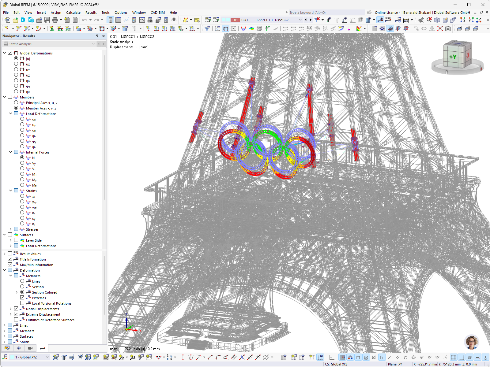 Deformaciones de los anillos olímpicos en la Torre Eiffel bajo carga en RFEM
