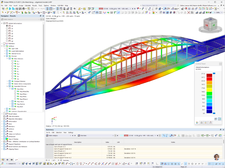 Deformaciones globales de un puente de arco de acero bajo una combinación de cargas de tráfico en RFEM