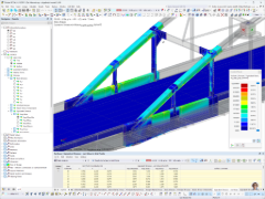 Tensiones equivalentes de von Mises en la unión entre el colgador y la viga transversal de un puente de arco de acero en RFEM