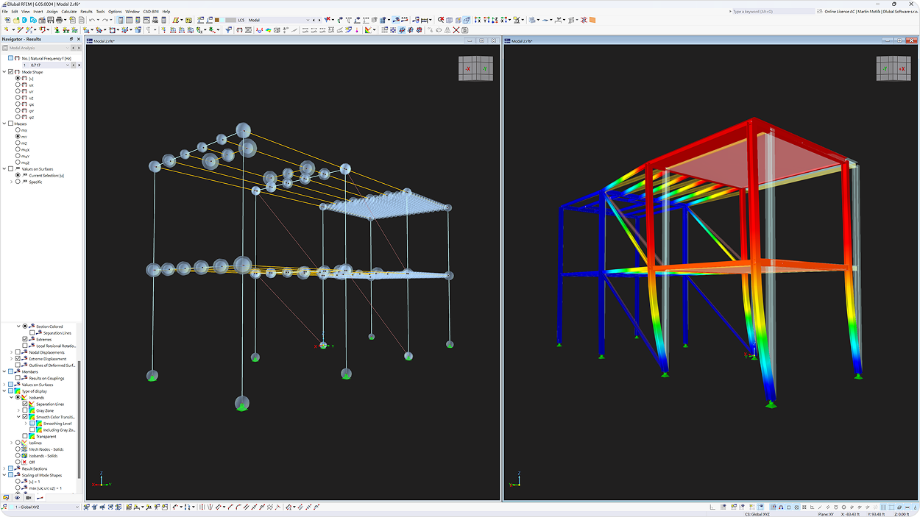 Banco de trabajo de RFEM 6 que muestra un modelo 3D wireframe, resultados del análisis modal, masas modales eficaces y frecuencias naturales en el informe de impresión.