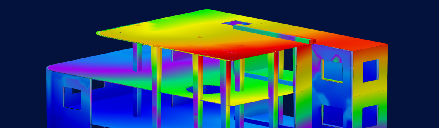 Diagrama de resultados en colores de un edificio de hormigón de varias plantas analizado con análisis de espectro de respuesta y análisis de cargas equivalentes en RFEM 6, que muestra forjados deformados, pilares y muros con distribución de tensiones en degradado de color.