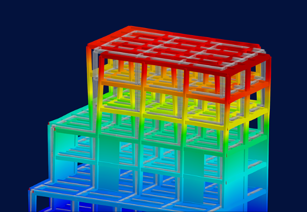 Visualización de resultados en color de una estructura de pórtico de edificio de varias plantas analizada con el análisis de espectro de respuesta y carga equivalente en RFEM 6, que muestra deformaciones codificadas por colores del azul al rojo a lo largo de la altura del edificio.