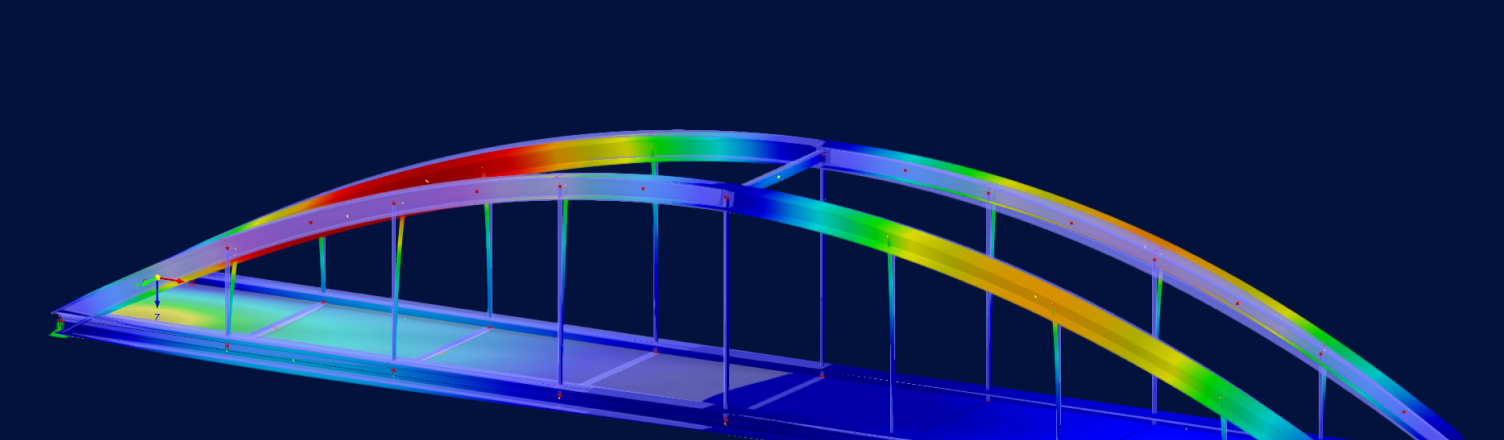 Puente de arco de acero en RFEM 6 con desplazamientos codificados por colores del análisis en el dominio del tiempo