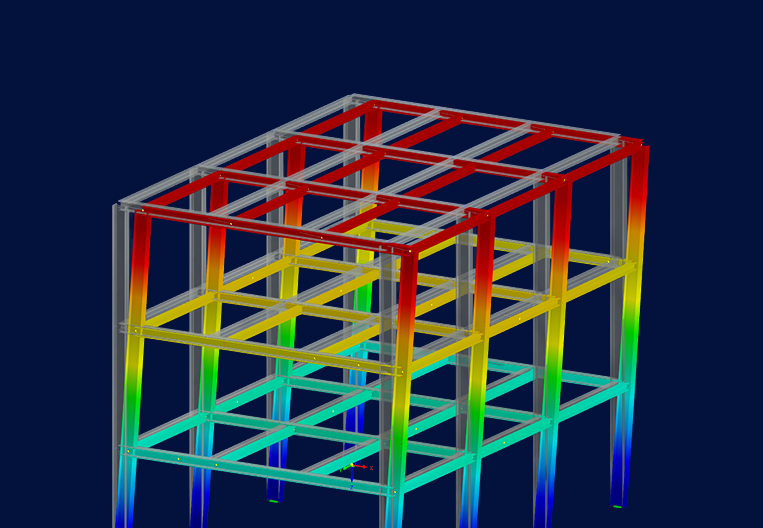 Pórtico de acero de tres plantas en RFEM 6 con desplazamientos de vibración codificados por colores de un análisis en el dominio del tiempo