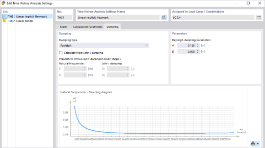 Diálogo de configuración del análisis en el dominio del tiempo en RFEM 6 con parámetros de amortiguamiento de Rayleigh