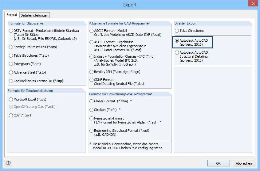 Export direct vers AutoCAD
