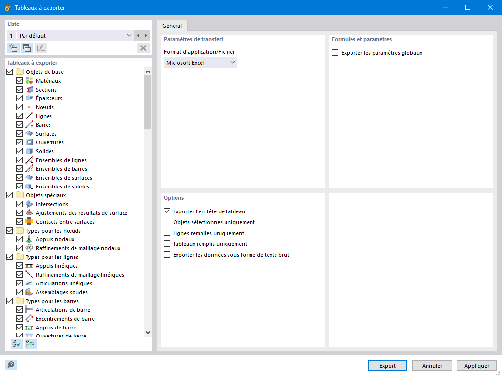 Spécifications d'exportation pour MS Excel