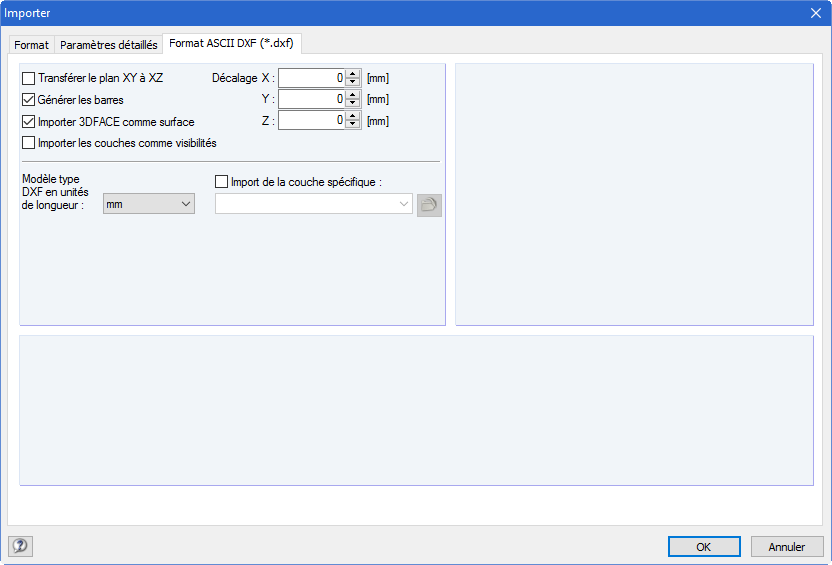 Paramètres détaillés pour l'importation DXF