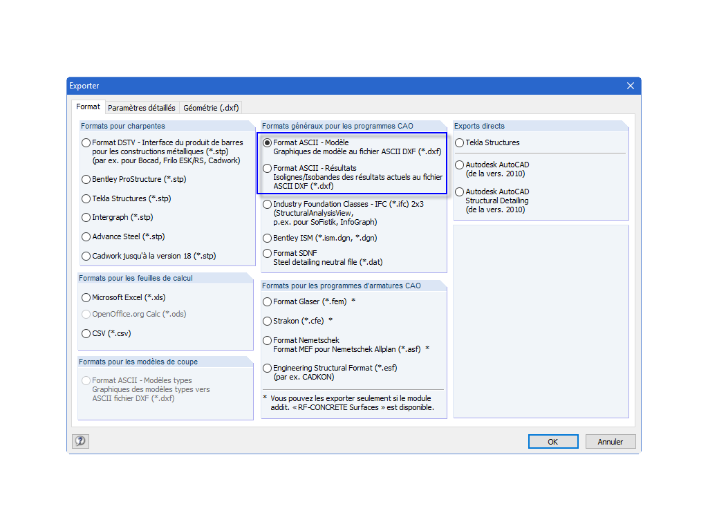 Export DXF de RFEM vers AutoCAD
