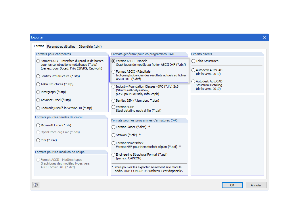 Export DXF de RFEM vers AutoCAD