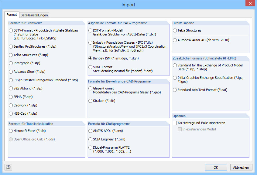 Boîte de dialogue Importer dans RFEM