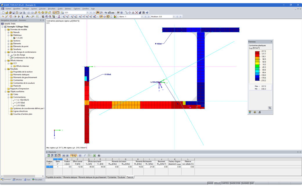 Programme de propriétés de section SHAPE-THIN | Résultats - Distribution des contraintes plastiques normales