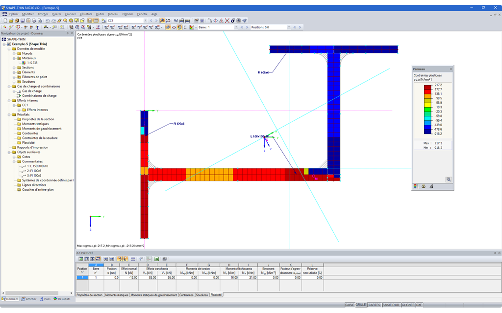 Programme de propriétés de section SHAPE-THIN | Résultats - Distribution des contraintes plastiques normales