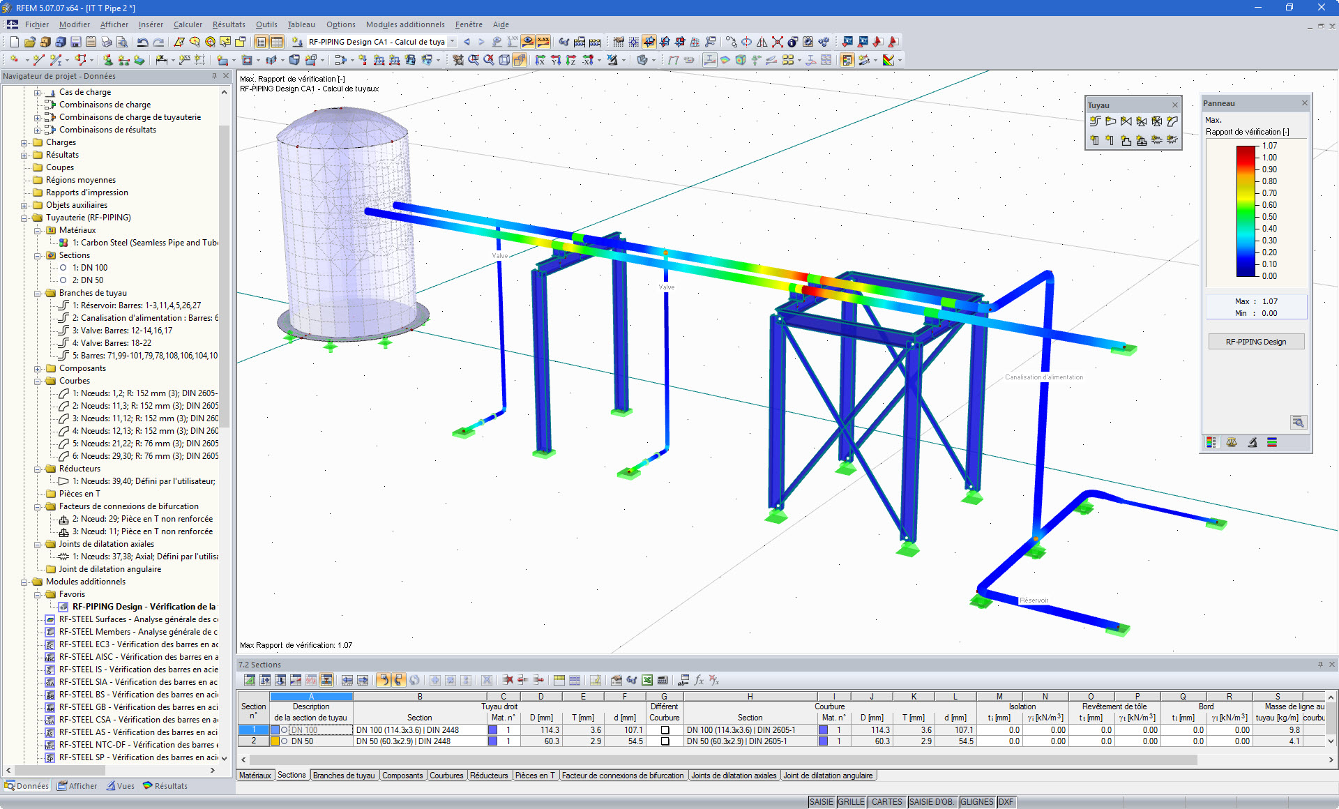 Calcul d'une canalisation supportée par une structure métallique