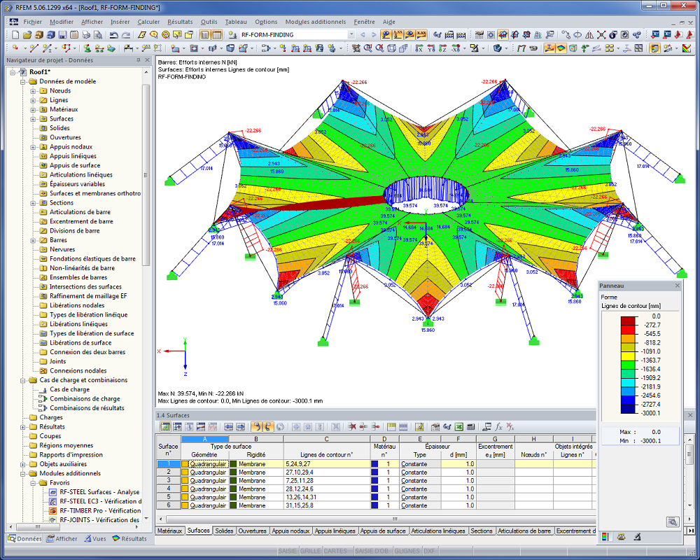 Seilzugkräfte und Konturlinien nach Formfindung in RFEM