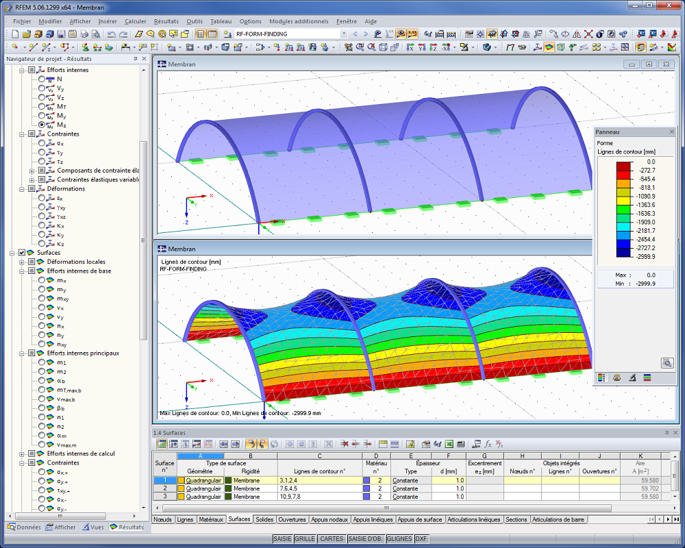 Structure légères avant et après recherche de forme dans RFEM