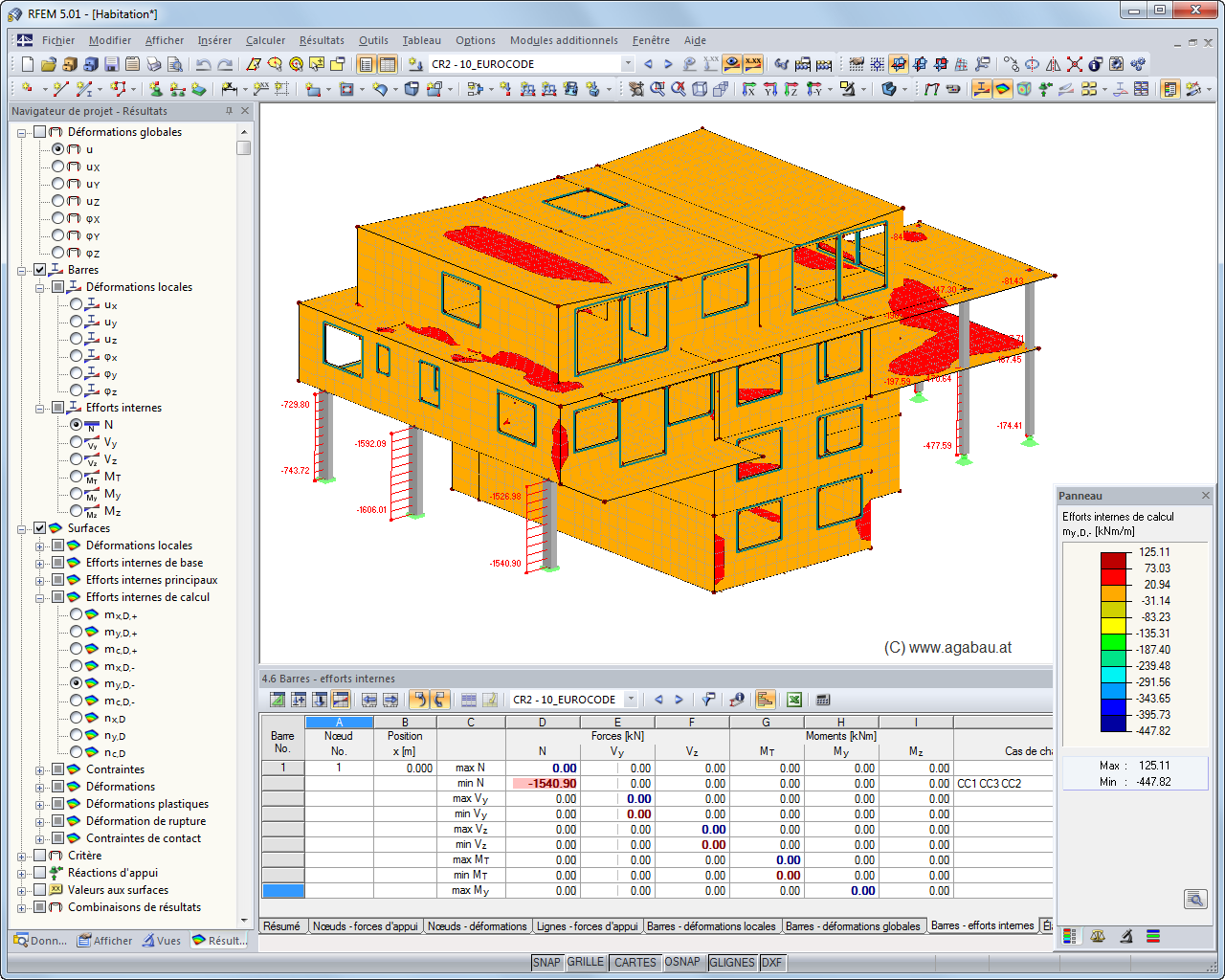 Affichage des efforts internes de barre et de surface