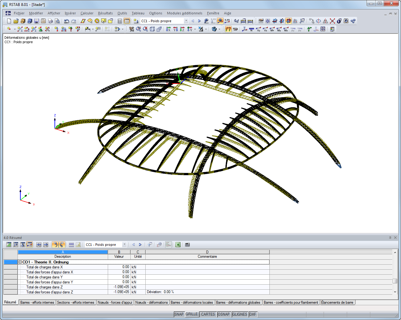Déformations de la toiture du stade (17 791 barres)