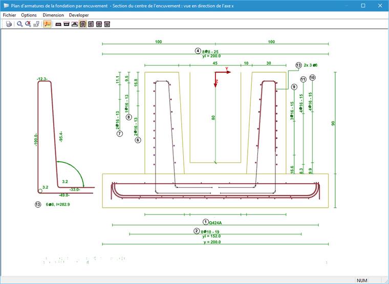 Bewehrungsplan - Schnitt Köchermitte, Blickrichtung in x