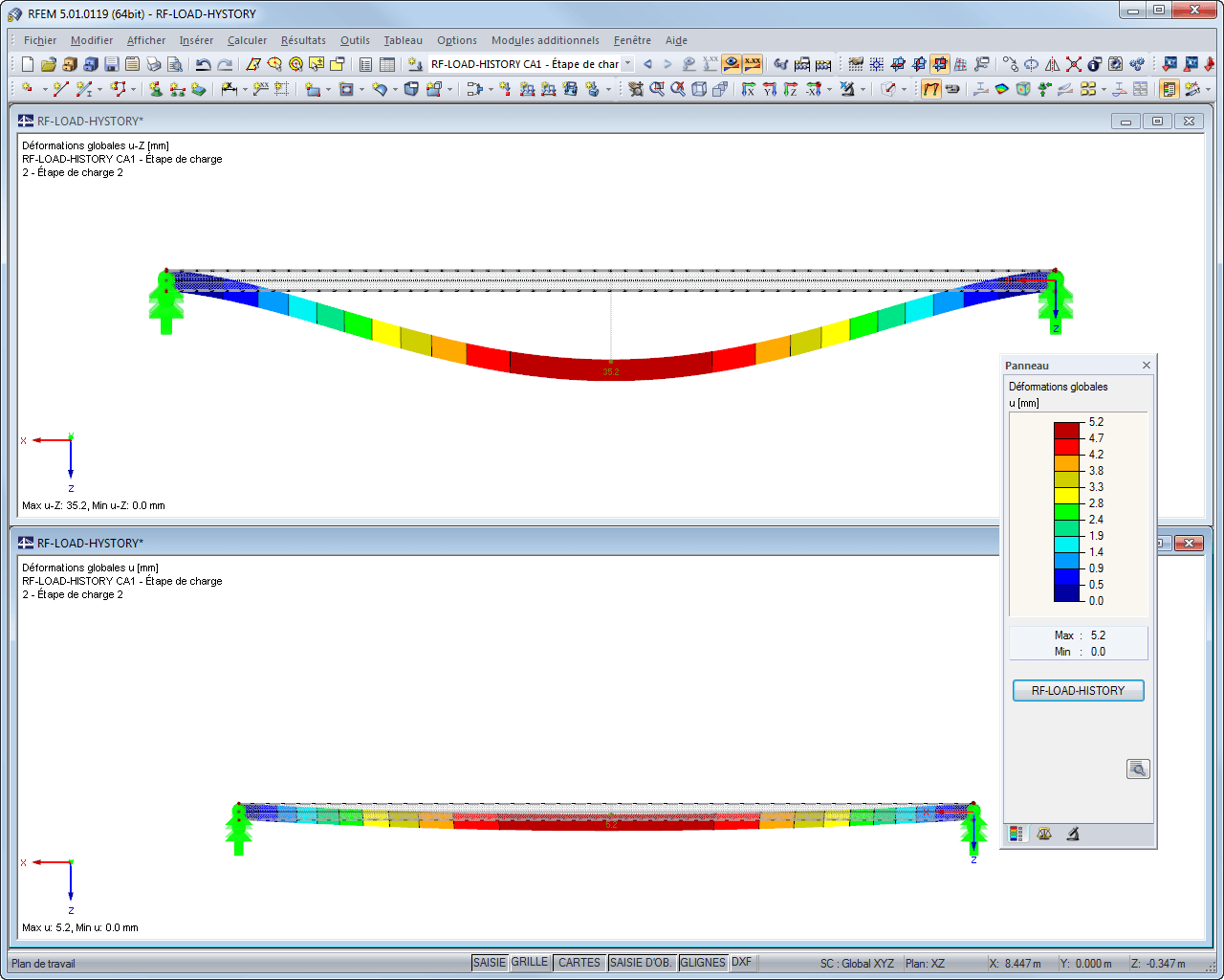 Darstellung der Verformung unter Volllast sowie plastische Verformung nach Entlastung in RFEM
