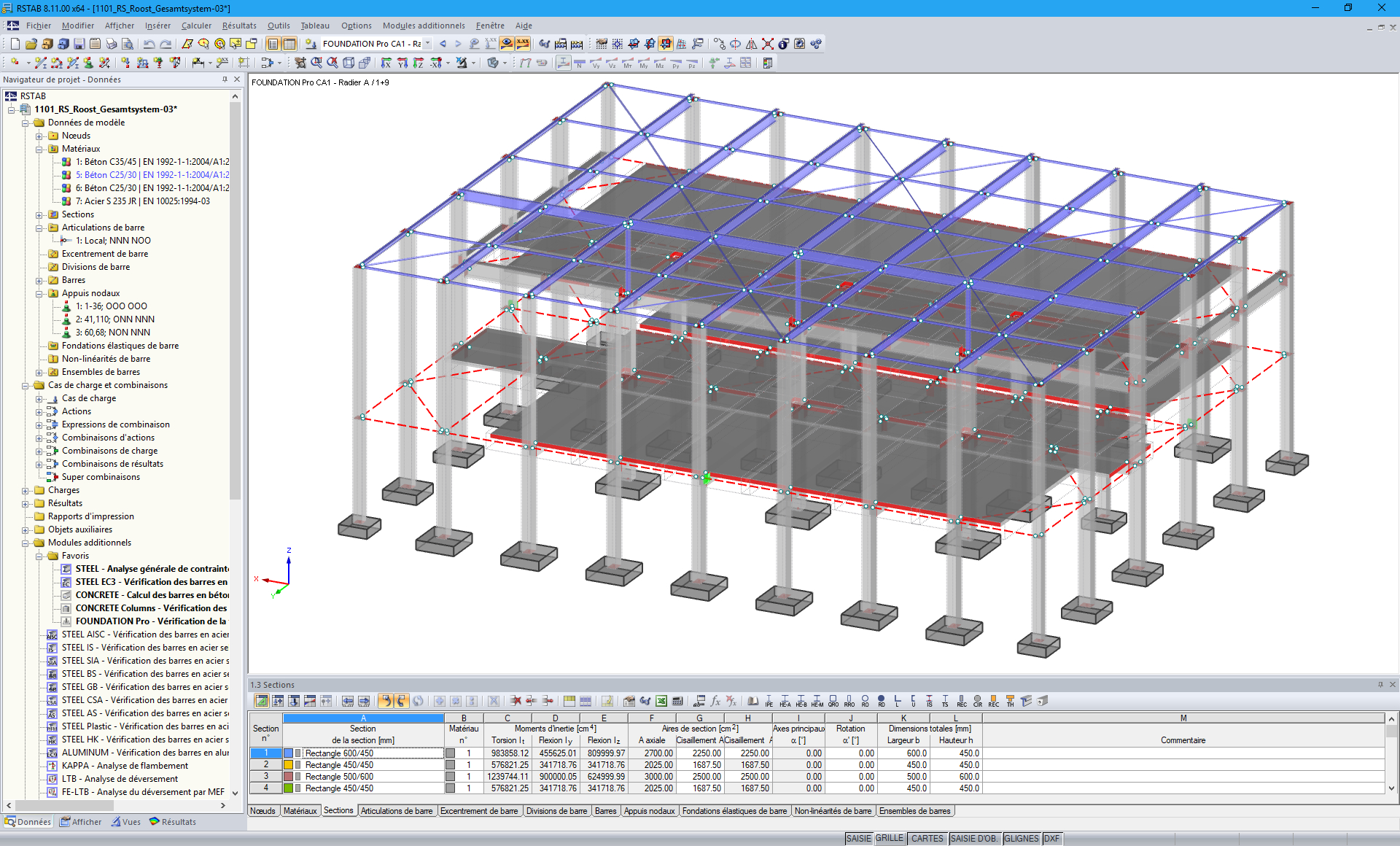 Modèle 3D d'un concessionnaire automobile avec des fondations conçues dans RSTAB (© SCHATZ Engineering)
