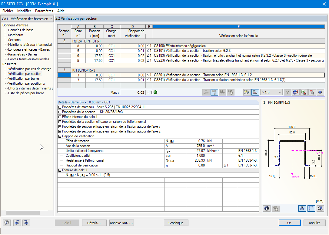Résultats d'une vérification d'un profilé chapeau formé à froid dans RF-/STEEL EC3