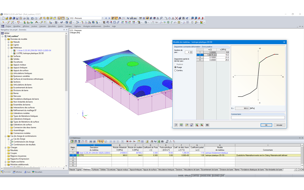 Coussin ETFE avec un modèle de matériau isotrope plastique 2D/3D