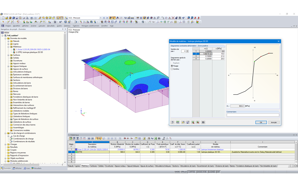 Coussin ETFE avec un modèle de matériau isotrope plastique 2D/3D
