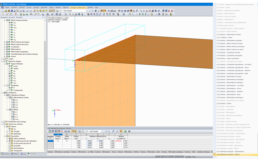 Grafische und tabellarische Ausgabe der Kräfte einer Linienfreigabe
