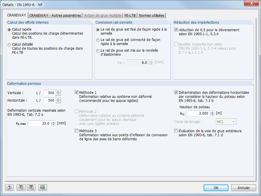 Paramètres détaillés pour le calcul