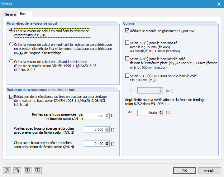 Detaileinstellungen für die Bemessung