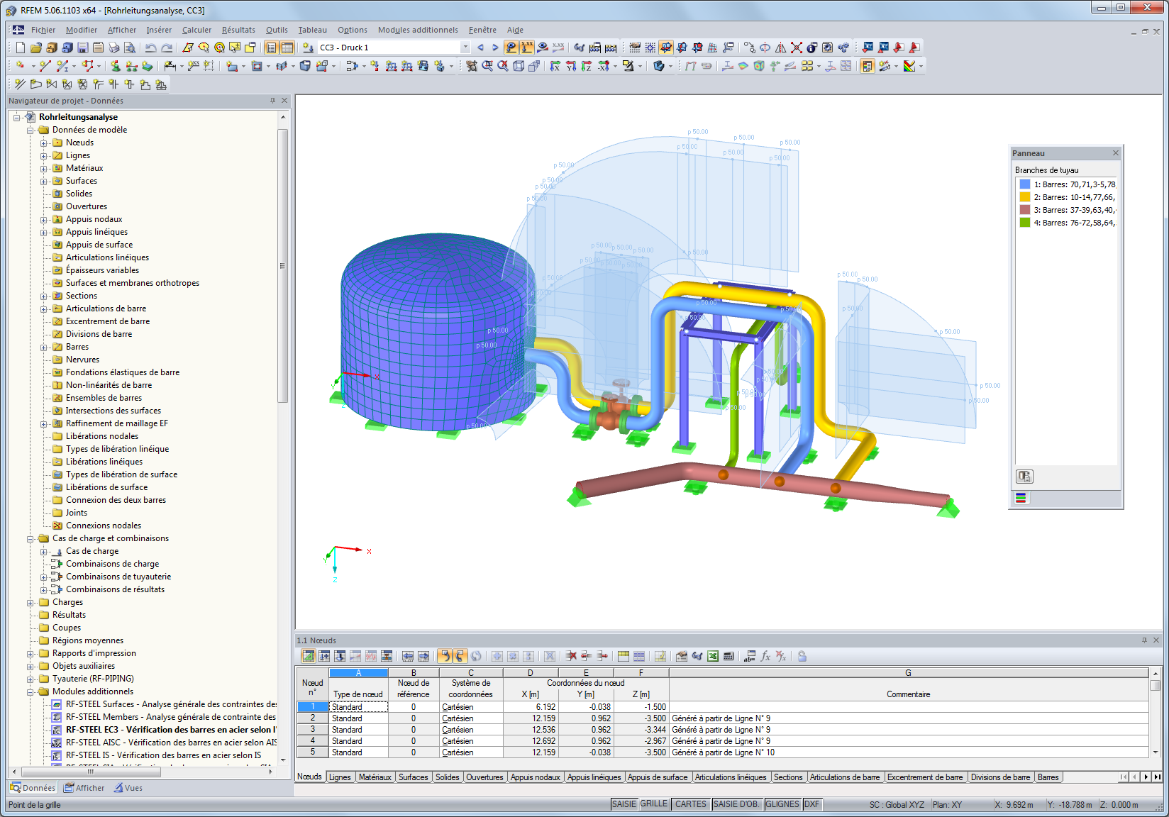 Représentation graphique de la canalisation avec chargement dans RFEM