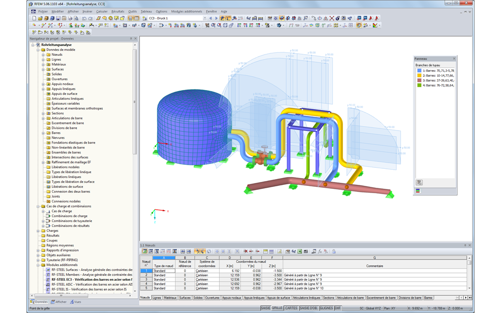 Représentation graphique de la canalisation avec chargement dans RFEM