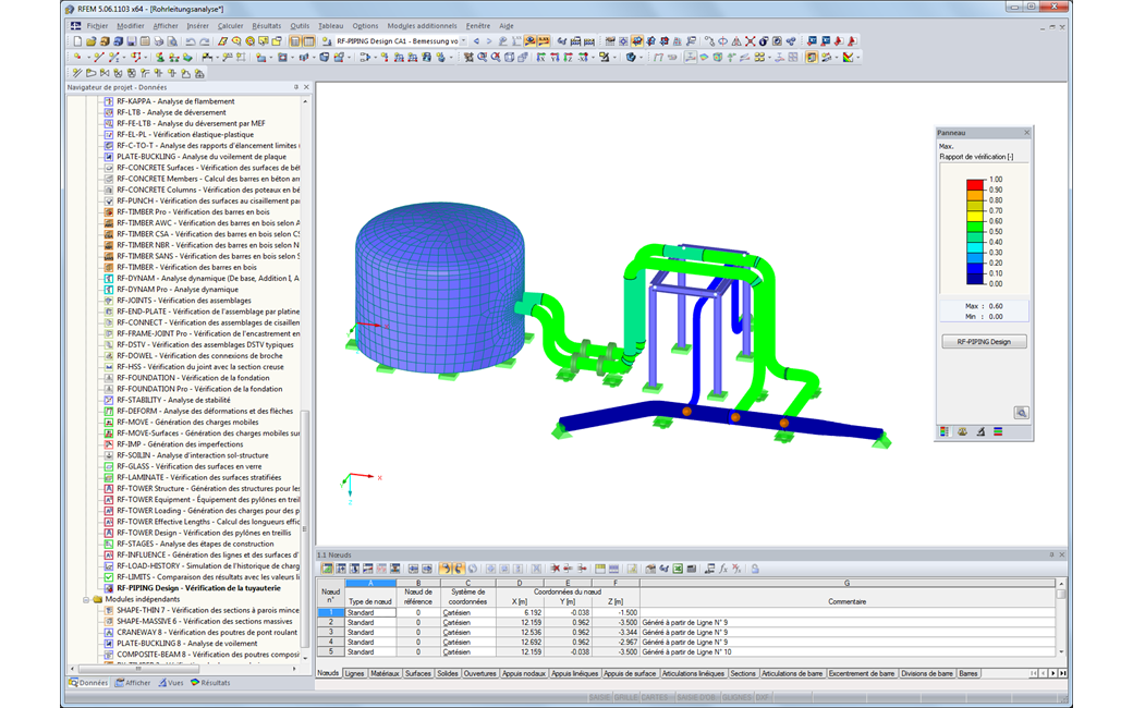 Représentation graphique de l'analyse des canalisations dans RFEM
